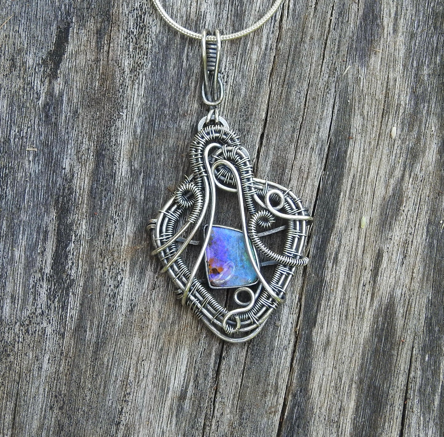 Australian Boulder opal handmade, wire wrap pendant.