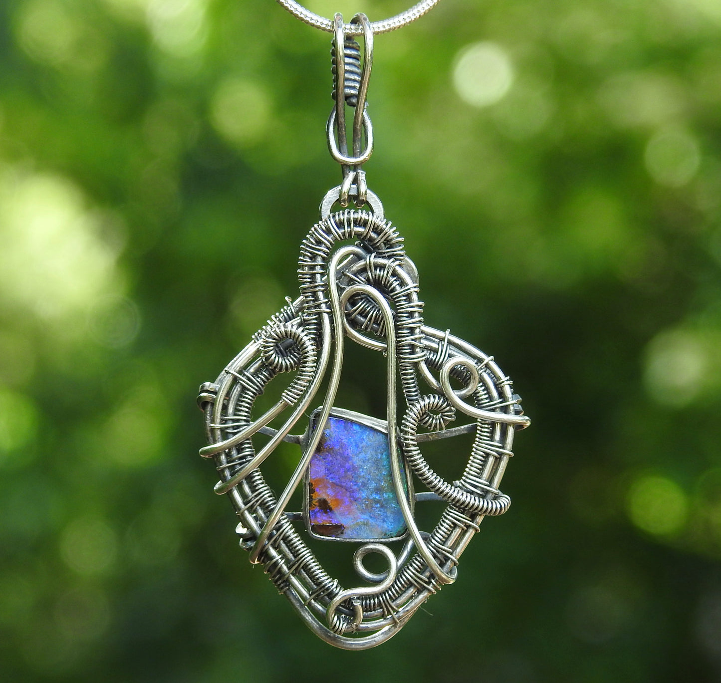 Australian Boulder opal handmade, wire wrap pendant.