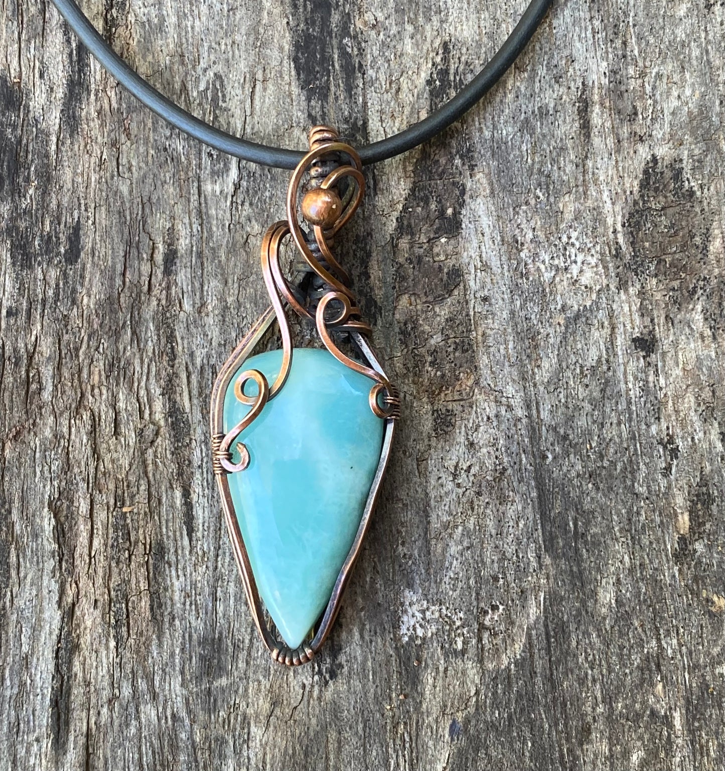 Larimar copper wire wrap pendant