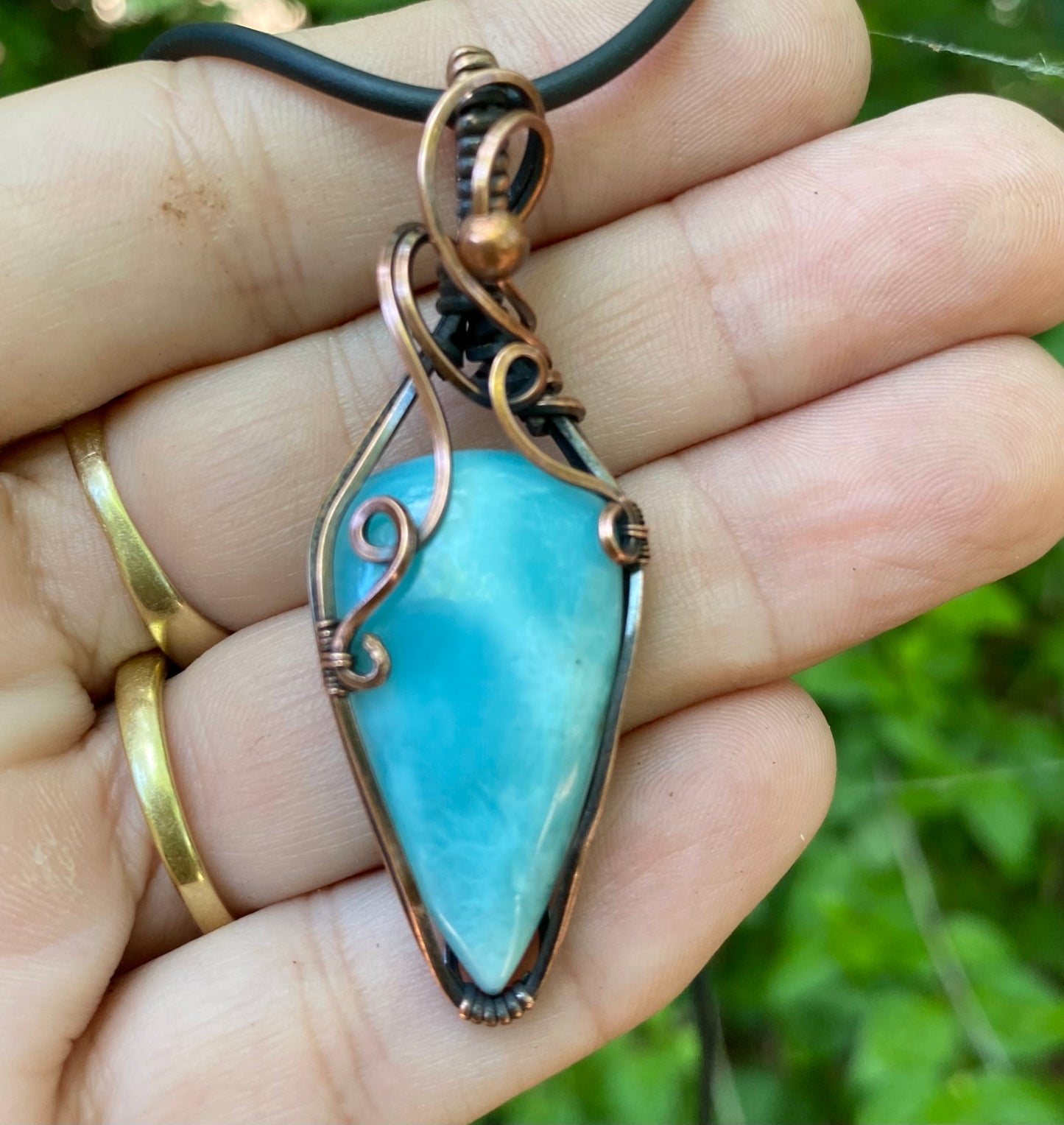 Larimar copper wire wrap pendant