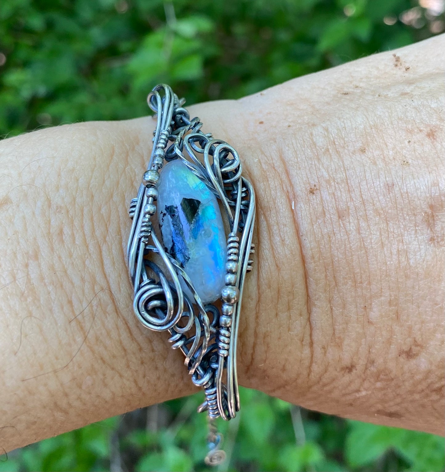 Rainbow Moonstone sterling silver wire wrap bracelet