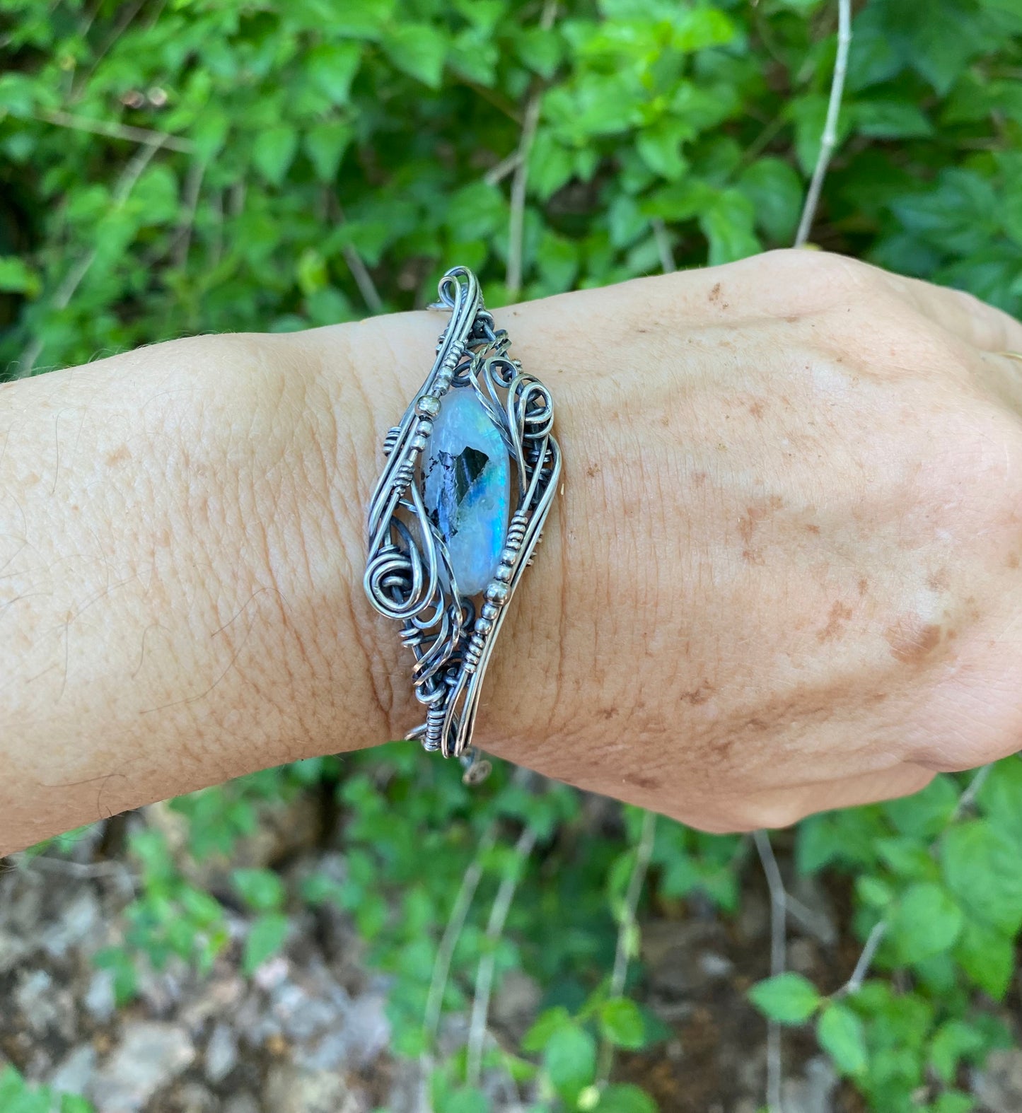 Rainbow Moonstone sterling silver wire wrap bracelet