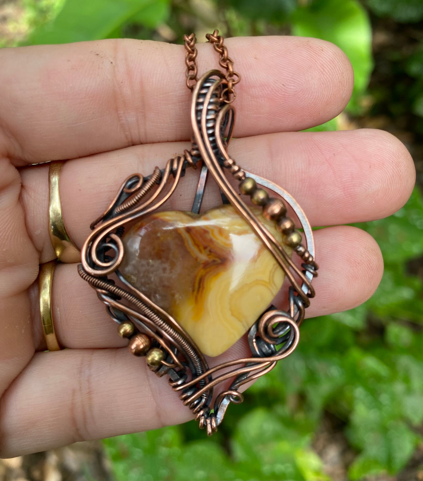 Crazy Lace agate and copper wire wrap pendant