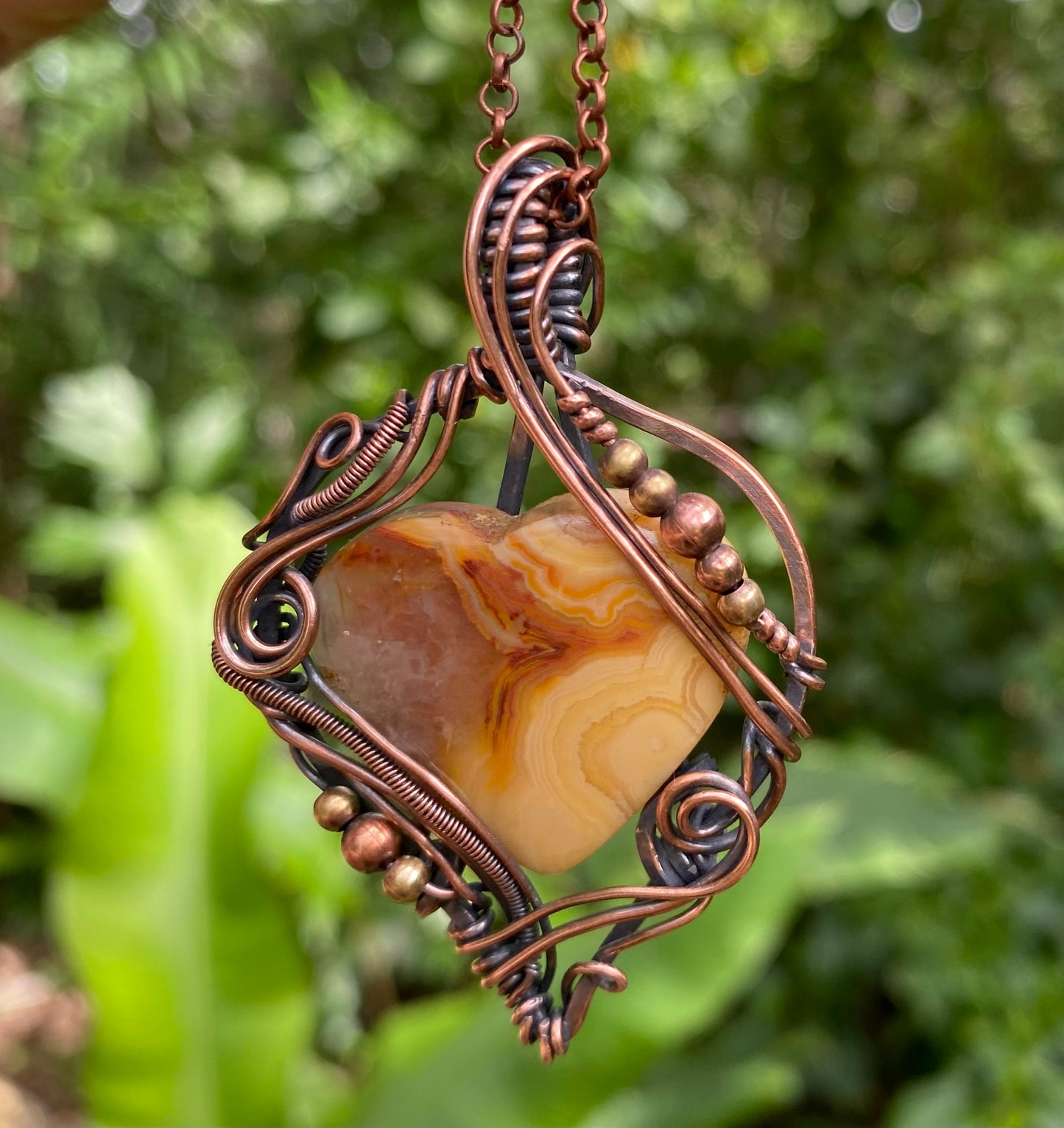 Crazy Lace agate and copper wire wrap pendant