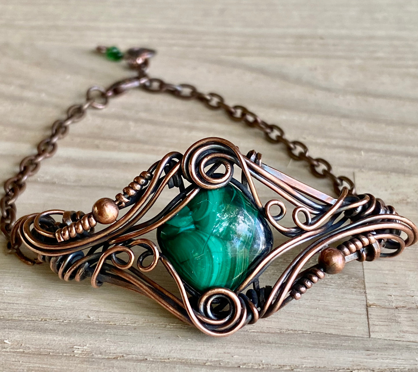 Malachite and copper wire wrap bracelet.