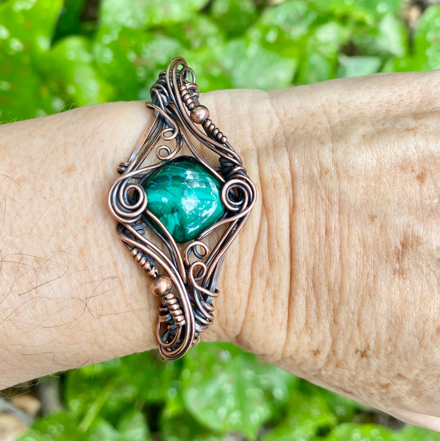 Malachite and copper wire wrap bracelet.