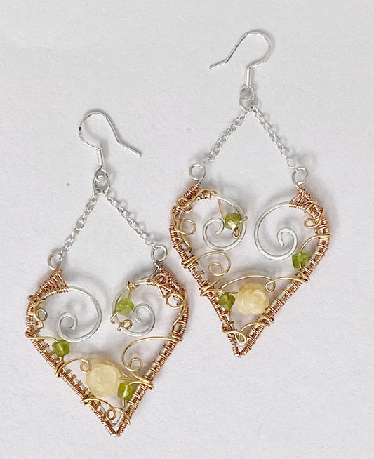 Mixed metal Hearts and Flowers wire wrap earrings