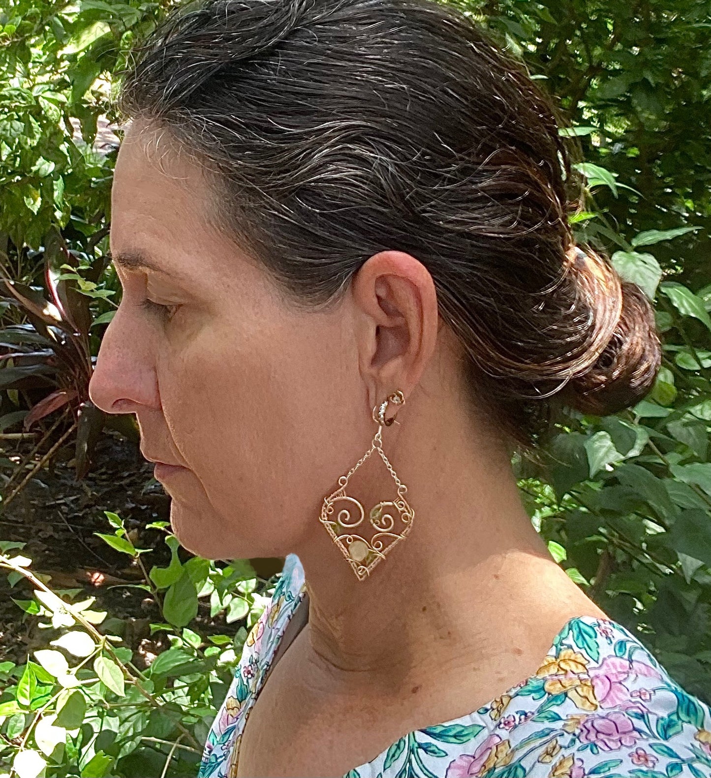 Mixed metal Hearts and Flowers wire wrap earrings